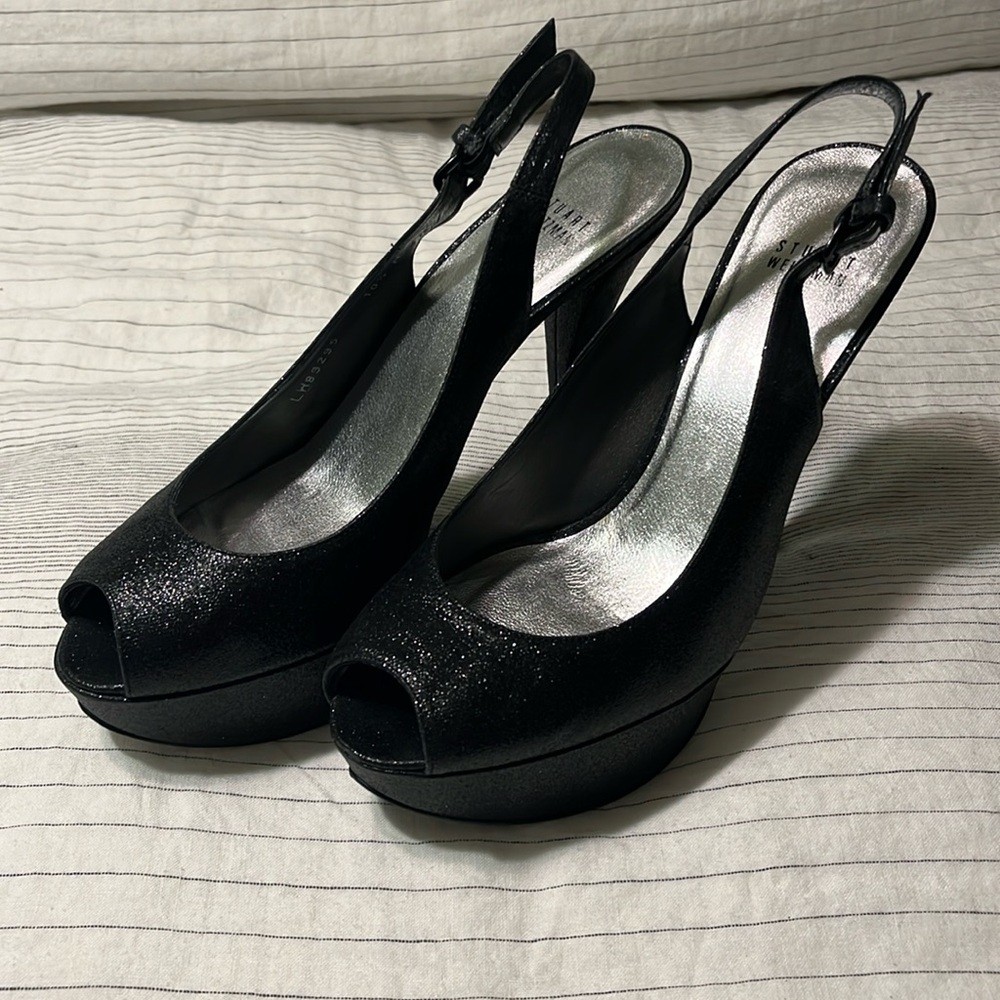 Stuart Weitzman Vevey Black Mini Glitter Platform Slingback